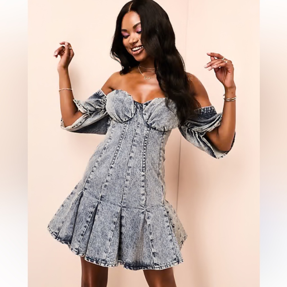 ASOS LUXE puff sleeve off shoulder mini skater gray dress size 2